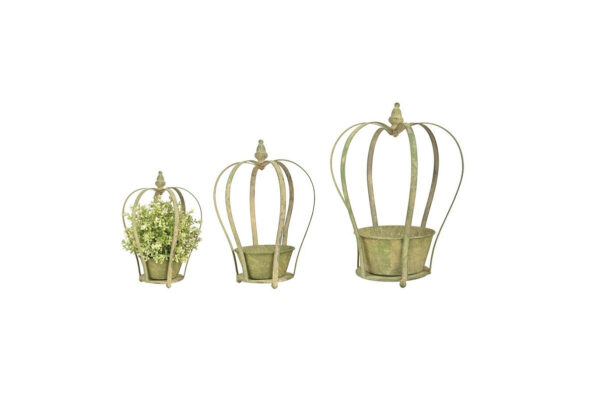 Aged Metal Green Crown Planter Set 3